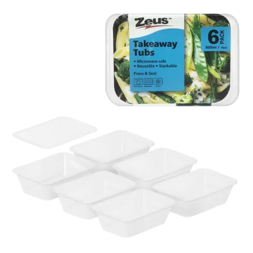 Hộp Nhựa Trong, Takeaway Tubs, Microwave Safe, 6 Cái, 16 oz (500ml) - ZEUS